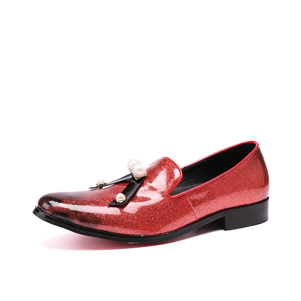 men shoes Genuine Leather Loafer pearl embellished red patent leather shoes for men low tops and heels
men shoes Genuine Leather Loafer pearl embellished red patent leather shoes for men low tops and heels