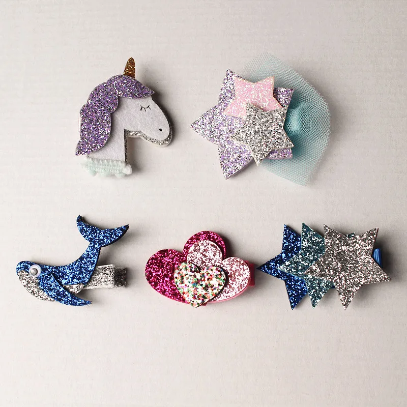 10pcs/lot Glitter Felt Unicorn Hair Clips Fish Pink Hearts Blue Stars Hairpins Gauze Lovely Kid Hair Clip Hair Accessories 2017
10pcs/lot Glitter Felt Unicorn Hair Clips Fish Pink Hearts Blue Stars Hairpins Gauze Lovely Kid Hair Clip Hair Accessories 2017