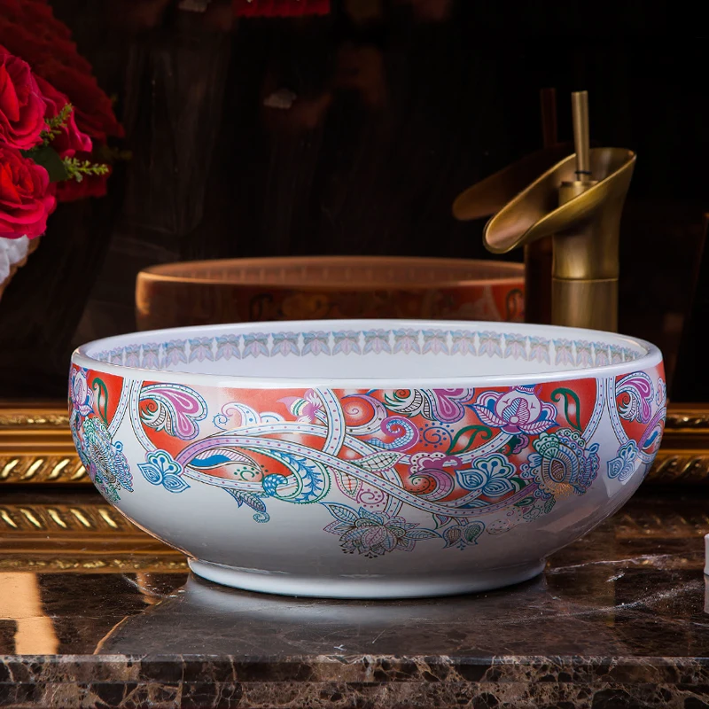 Chinese Europe Vintage Style Art wash basin Ceramic Counter Top Wash Basin Bathroom Sinks blue and white flower wash basin (9)