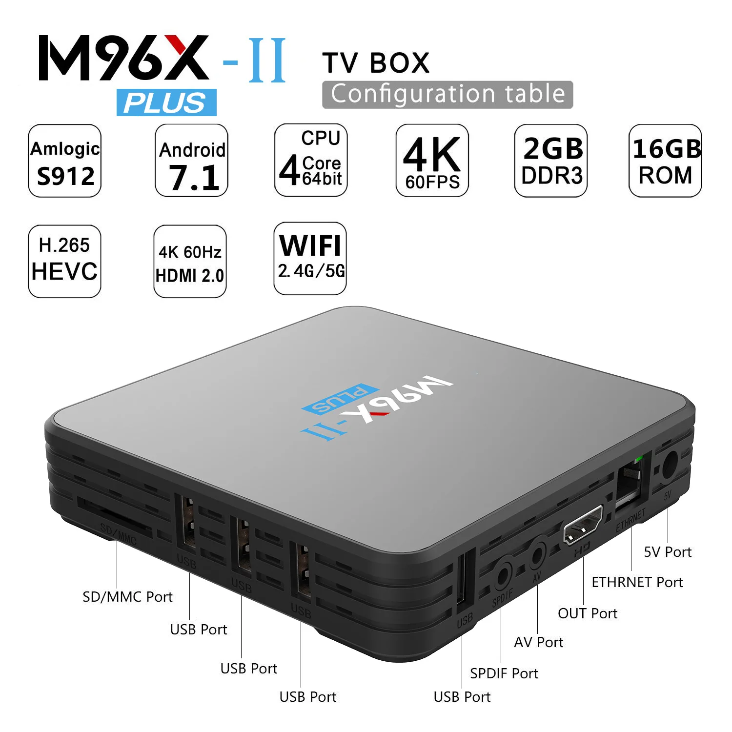 M96X II plus Android 7.1 TV Box Amlogic S912 Octa core 2GB/16GB LED Display 4K IPTV Bluetooth 1000M Lan 2.4G/5G Dual WIFI TV box
M96X II plus Android 7.1 TV Box Amlogic S912 Octa core 2GB/16GB LED Display 4K IPTV Bluetooth 1000M Lan 2.4G/5G Dual WIFI TV box