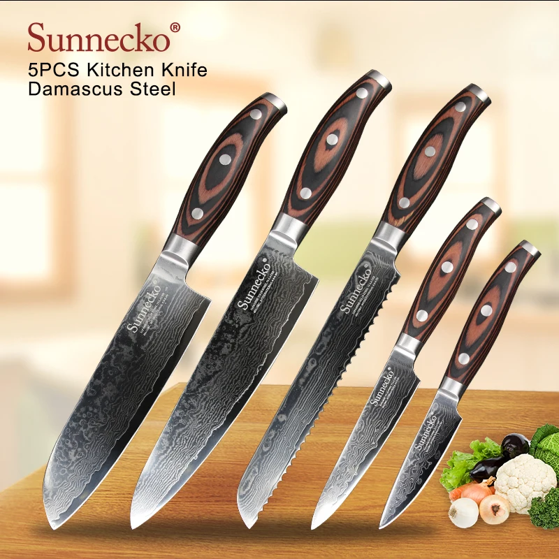 SUNNECKO 5PCS Kitchen Knives Set Santoku Chef Bread Utility Paring Knife Damascus Japanses VG10 Steel Sharp Pakka Wood Handle
SUNNECKO 5PCS Kitchen Knives Set Santoku Chef Bread Utility Paring Knife Damascus Japanses VG10 Steel Sharp Pakka Wood Handle