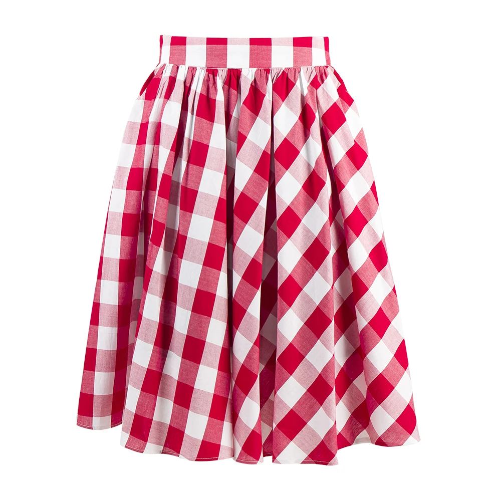 Image Wholesale Online Plus Size Clothes Women s High Waist Retro Inspred 50s 60s Circle Swing Red and White Plaid Skirt with Pockets