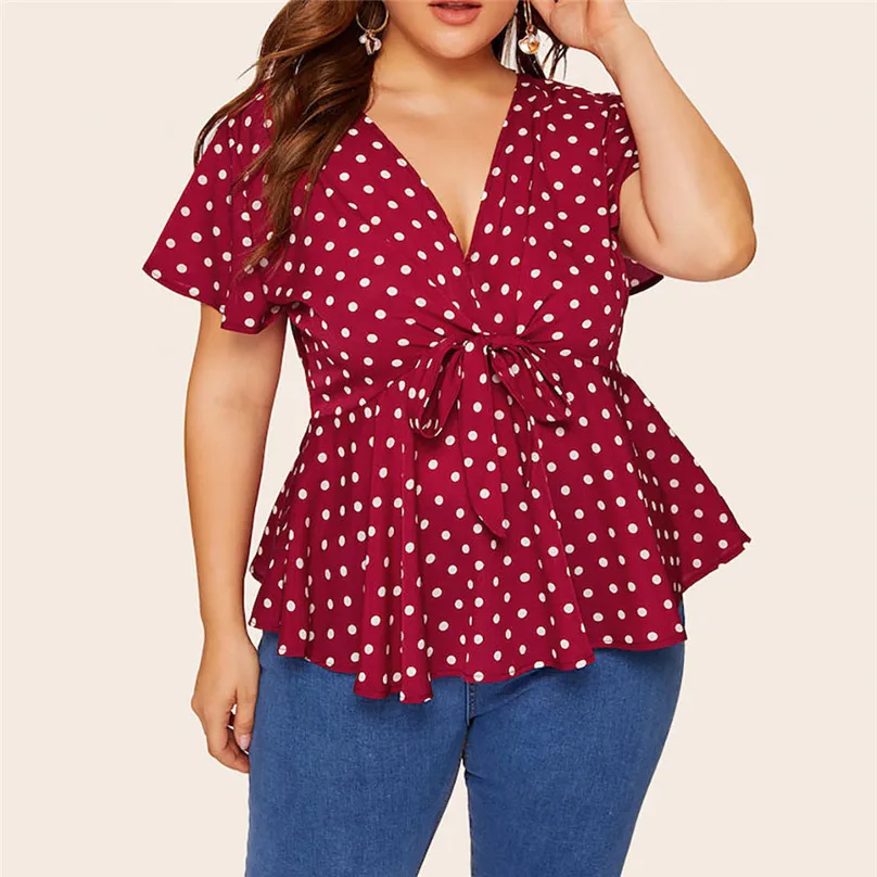 Women's Plus Size Blouse Polka Dot Printed Knot Front V Neck Short Sleeve Shirt Tops Summer Bandage Blouses dames kleding 4EM
Women's Plus Size Blouse Polka Dot Printed Knot Front V Neck Short Sleeve Shirt Tops Summer Bandage Blouses dames kleding 4EM
