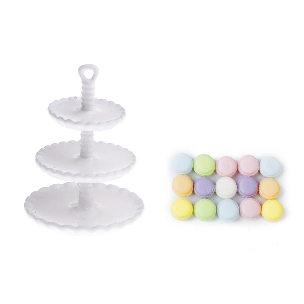 1/12 Dollhouse Miniature 3-layer Metal Snack Rack Stand+15pcs Cream Cakes Restaurant Kitchen Food Cake Bread Model Kids Toys