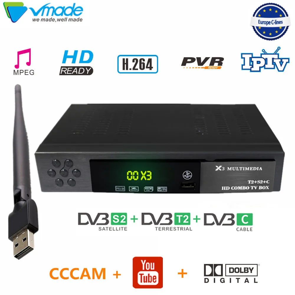 Vmade Satellite tv box DVB T2 DVB S2 combo decoder T2+S2 X3 with wifi + 1 year cccam support youtubr dobly AC-3 IPTV set top box
Vmade Satellite tv box DVB T2 DVB S2 combo decoder T2+S2 X3 with wifi + 1 year cccam support youtubr dobly AC-3 IPTV set top box