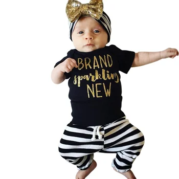 Cute Summer Baby Girls Clothes Set Cotton Black T-shirts + Striped Pants + Bow Headband 3pcs Newborn Baby Girls Clothing
Cute Summer Baby Girls Clothes Set Cotton Black T-shirts + Striped Pants + Bow Headband 3pcs Newborn Baby Girls Clothing