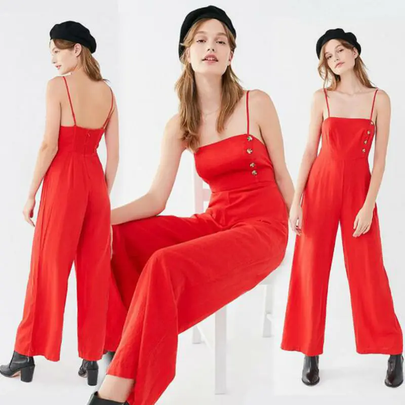 

2019 Red Womens Jumpsuit Summer Elegant Lady Rompers Flared Square Neck Overalls Sleeveless Playsuit female dungarees Pantsuit