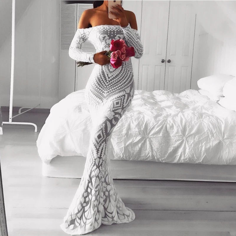 NEW White Geometric Sequined Party Dress Floor Length Padded Long Sleeve Off Shoulder Club Dress Lining Back Zipper Long Dress
NEW White Geometric Sequined Party Dress Floor Length Padded Long Sleeve Off Shoulder Club Dress Lining Back Zipper Long Dress