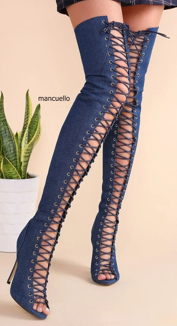 New Arrival Women Denim Dark Blue Lace Up Thigh High Sandal Booties Stylish Open Toe Stiletto Heel Booties Long BootsHot Selling 
New Arrival Women Denim Dark Blue Lace Up Thigh High Sandal Booties Stylish Open Toe Stiletto Heel Booties Long BootsHot Selling