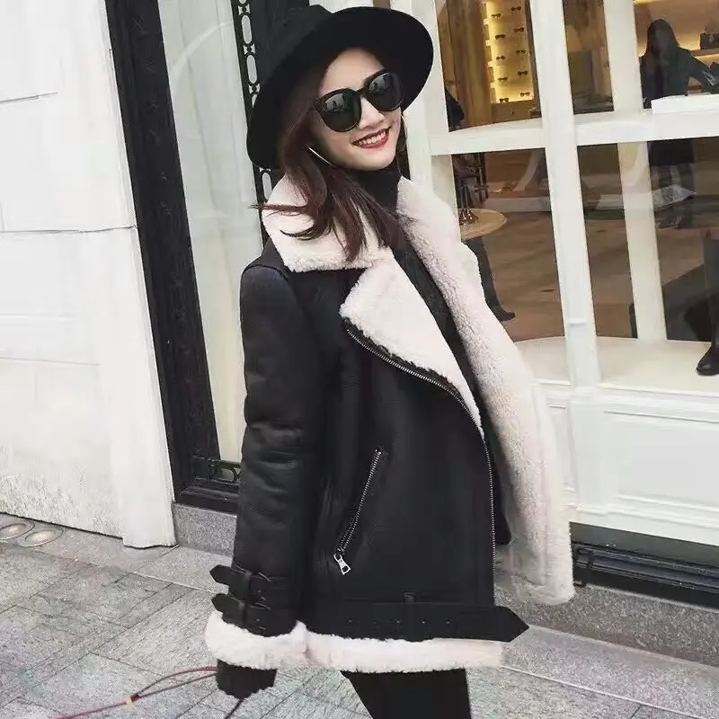 Image Highest Version Real Shearling Coat Natural Sheepskin Suede Men and women Jacket Short Clothes Thick Overcoat White Black Khaki