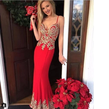 Vestidos de fiesta Gold Lace Appliqued Red Mermaid Prom Dress Sexy Spaghetti Strap Evening Gowns Formal Dresses
Vestidos de fiesta Gold Lace Appliqued Red Mermaid Prom Dress Sexy Spaghetti Strap Evening Gowns Formal Dresses
