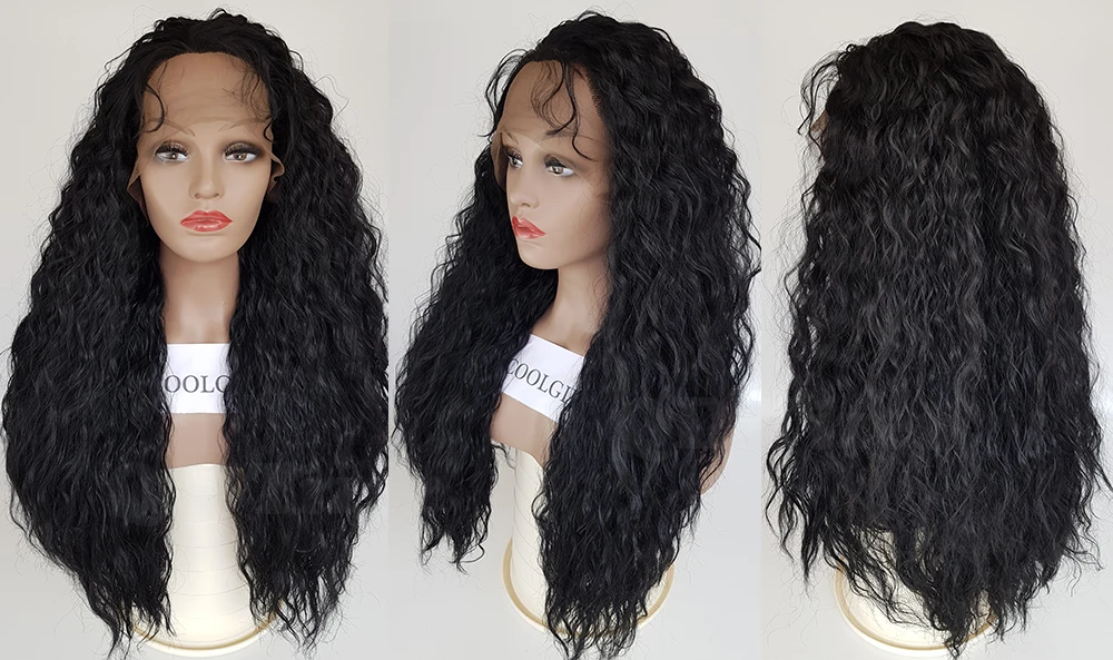 Hot! Top Quality Fiber Loose Curly Wigs Synthetic Lace Front Wigs 180% Density Black Color Heat Resistant Synthetic Hair Wigs7