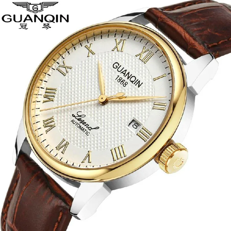 Relogio masculino fashion guanqin Mechanical Hand Wind watches men leather causal business watch waterproof gold wristwatches | Наручные
