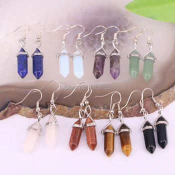 Finding 10Pairs Natural Mix Gem Stone Hexagonal Pointed Reiki Chakra Bead Dangle Earring For Women