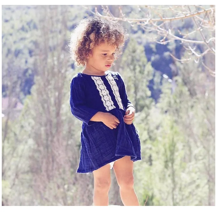 Mother nest Lone Sleeves Baby Girl Lace Dress Dark Blue Linen Cute Newborn Clothes Dresses Children Simple Cotton 1st Birthday (3)