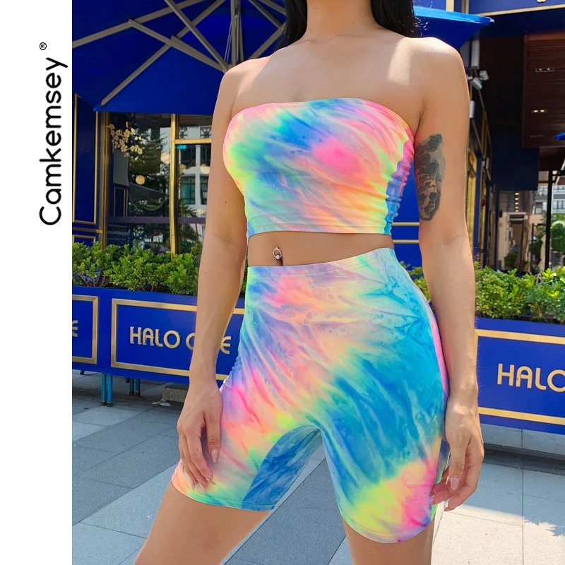 Tye Dye Rainbow Print Street Wear Skinny Two Piece Sets Women Sexy Strapless Tops With Elastic High Waist Biker Shorts Tracksuit
Tye Dye Rainbow Print Street Wear Skinny Two Piece Sets Women Sexy Strapless Tops With Elastic High Waist Biker Shorts Tracksuit