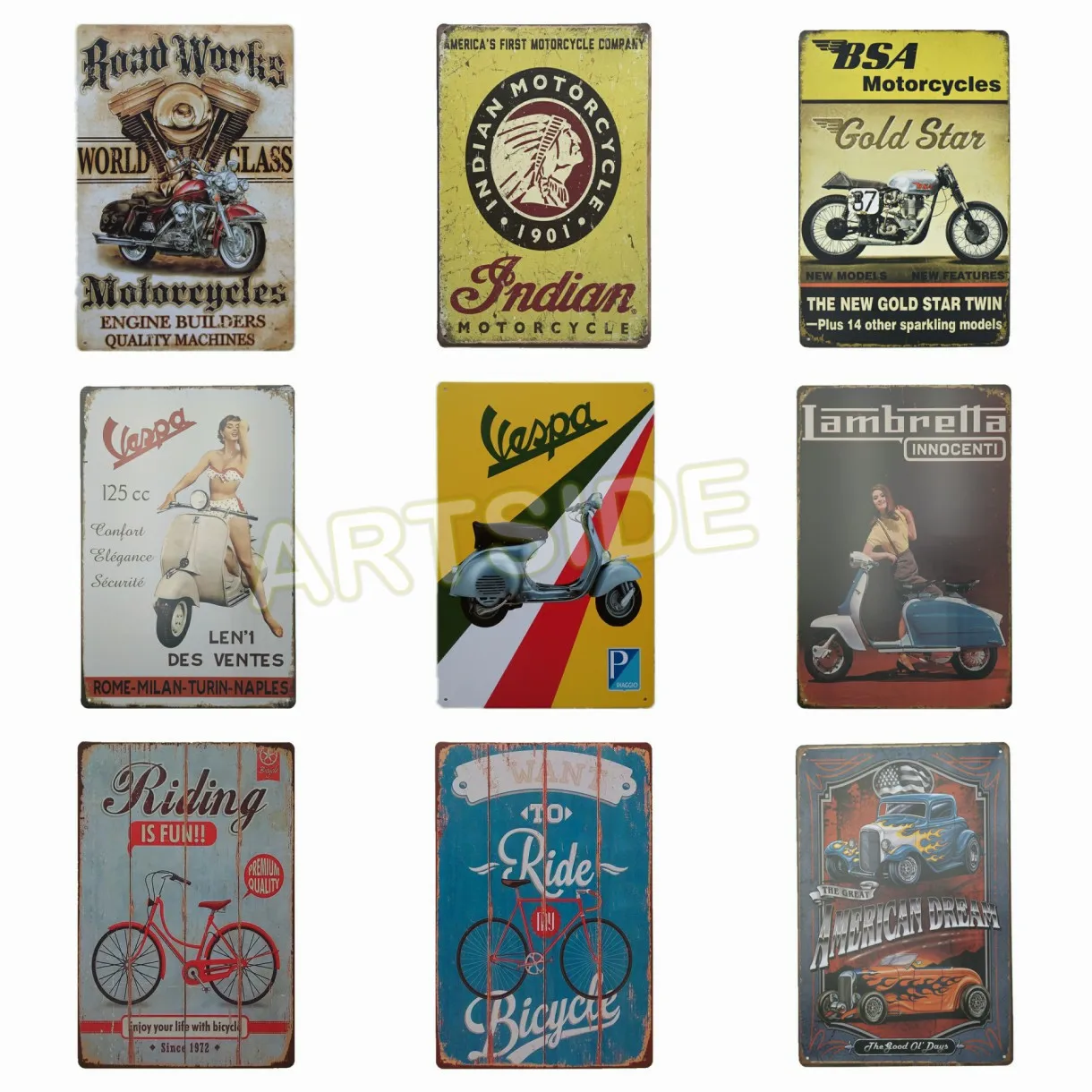 Retro BSA Motorcycles Gold Star Metal Plate Vespa Tin Sign Vintage Riding Metal Poster Garage Club Pub Bar Wall Decoration
Retro BSA Motorcycles Gold Star Metal Plate Vespa Tin Sign Vintage Riding Metal Poster Garage Club Pub Bar Wall Decoration