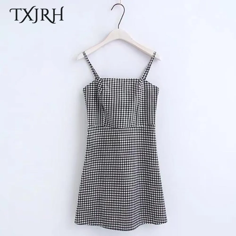 TXJRH Sexy Plaid Print Backless Spaghetti Strap Slim Sleeveless Mini A-Line Dress Fashion Women Retro Dress Party Vestidos femme
TXJRH Sexy Plaid Print Backless Spaghetti Strap Slim Sleeveless Mini A-Line Dress Fashion Women Retro Dress Party Vestidos femme