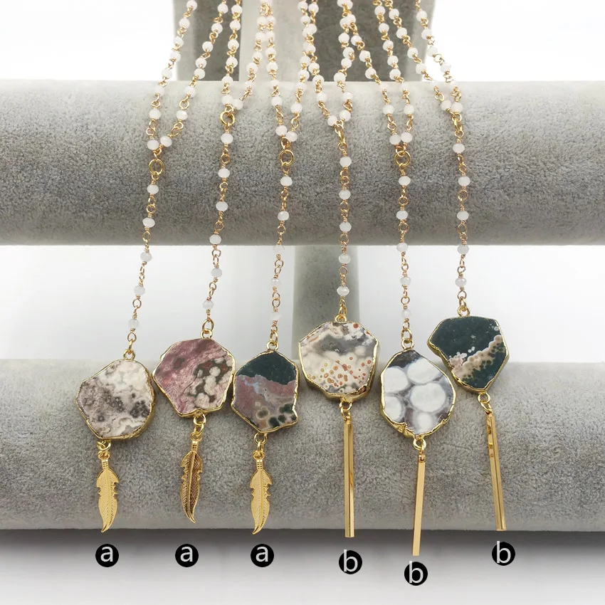 WT-N1132 Random Shape Natural Ocean Stone With Gold Trim Inlay Different Drop Pendant 18 Inch Crystal Bead Rosary Chain Necklace
WT-N1132 Random Shape Natural Ocean Stone With Gold Trim Inlay Different Drop Pendant 18 Inch Crystal Bead Rosary Chain Necklace