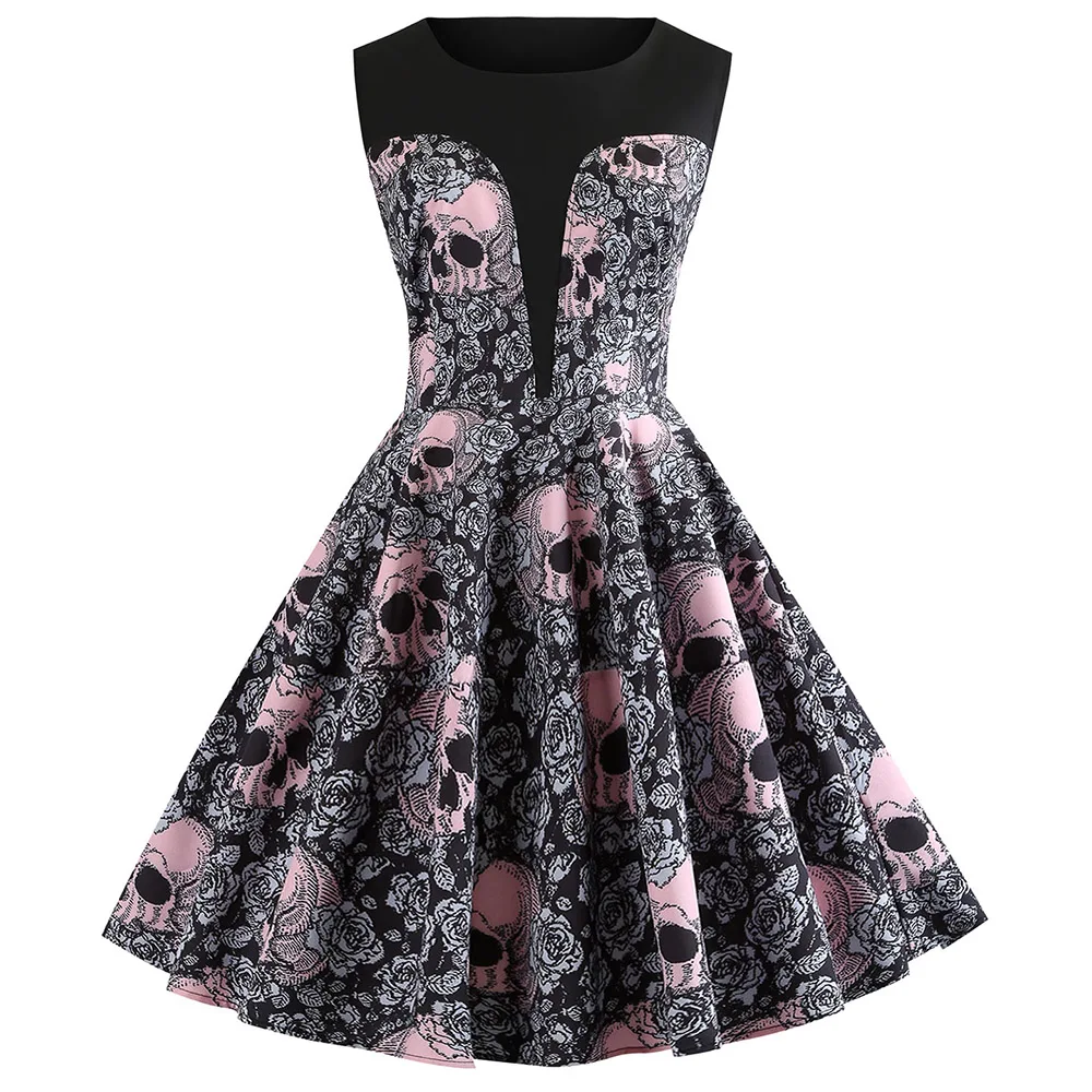 Wipalo Vintage Skull Floral Print Halloween Women Dress Autumn O-Neck Sleeveless Rockabilly Swing A Line Party Dresses Vestidos
Wipalo Vintage Skull Floral Print Halloween Women Dress Autumn O-Neck Sleeveless Rockabilly Swing A Line Party Dresses Vestidos