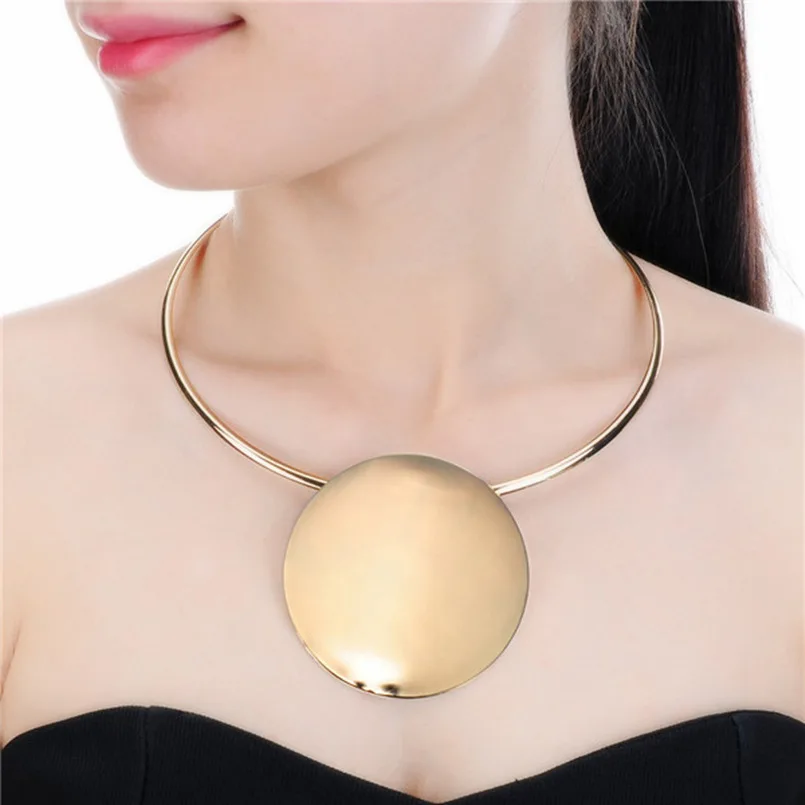 

UKMOC Fashion Big Metal Circle Pendant Choker Necklace Jewelry For Women Unique Alloy Torques Statement Necklaces Party