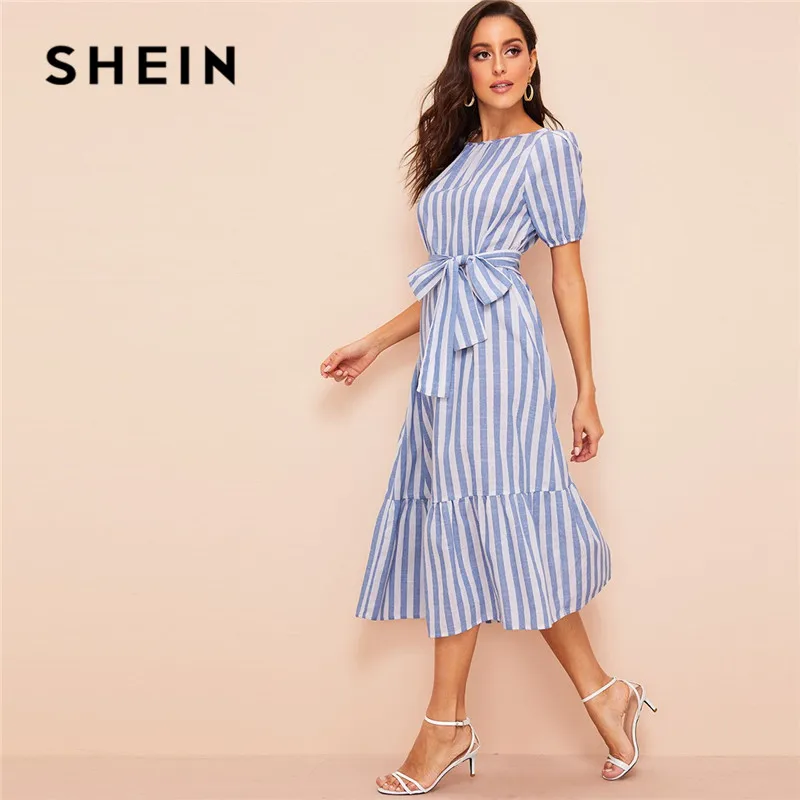 

SHEIN Lady Pleated Detail Belted Flippy Hem Striped Maxi Dress Women Casual Cotton High Waist Puff Sleeve Summer Dress