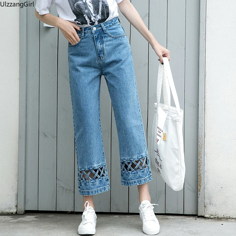 Plus Size Oversized Straight Wide Leg Loose Hollow Lace-up Vintage Ankle-length Denim Pant High Waist Korean Boho Jeans Summer 
Plus Size Oversized Straight Wide Leg Loose Hollow Lace-up Vintage Ankle-length Denim Pant High Waist Korean Boho Jeans Summer
