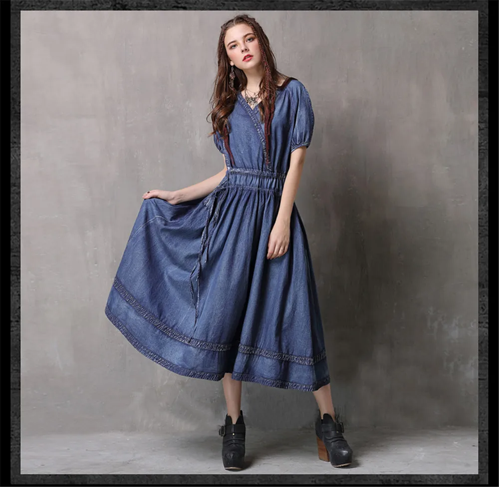 Vintage Adjustable Waist Summer Dress 2018 New Denim Women V-Neck Dresses Hollow out Lantern Sleeve Swing Hem Vestidos (12)