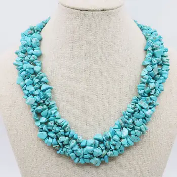

Special Irregular Blue Turkey Stone 3Rows Necklace Chain Jewelry Party Wedding DIY Handmade Girl Women Gifts 15inch Lucky Stone