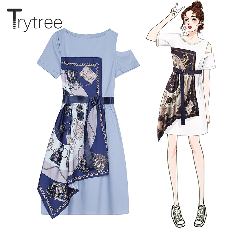 Trytree Summer Women Dress Casual O-neck Off the Shoulder Belt Asymmetry Silky Patchwork Dress 3 Colors A-Line Knee-Length dress
Trytree Summer Women Dress Casual O-neck Off the Shoulder Belt Asymmetry Silky Patchwork Dress 3 Colors A-Line Knee-Length dress