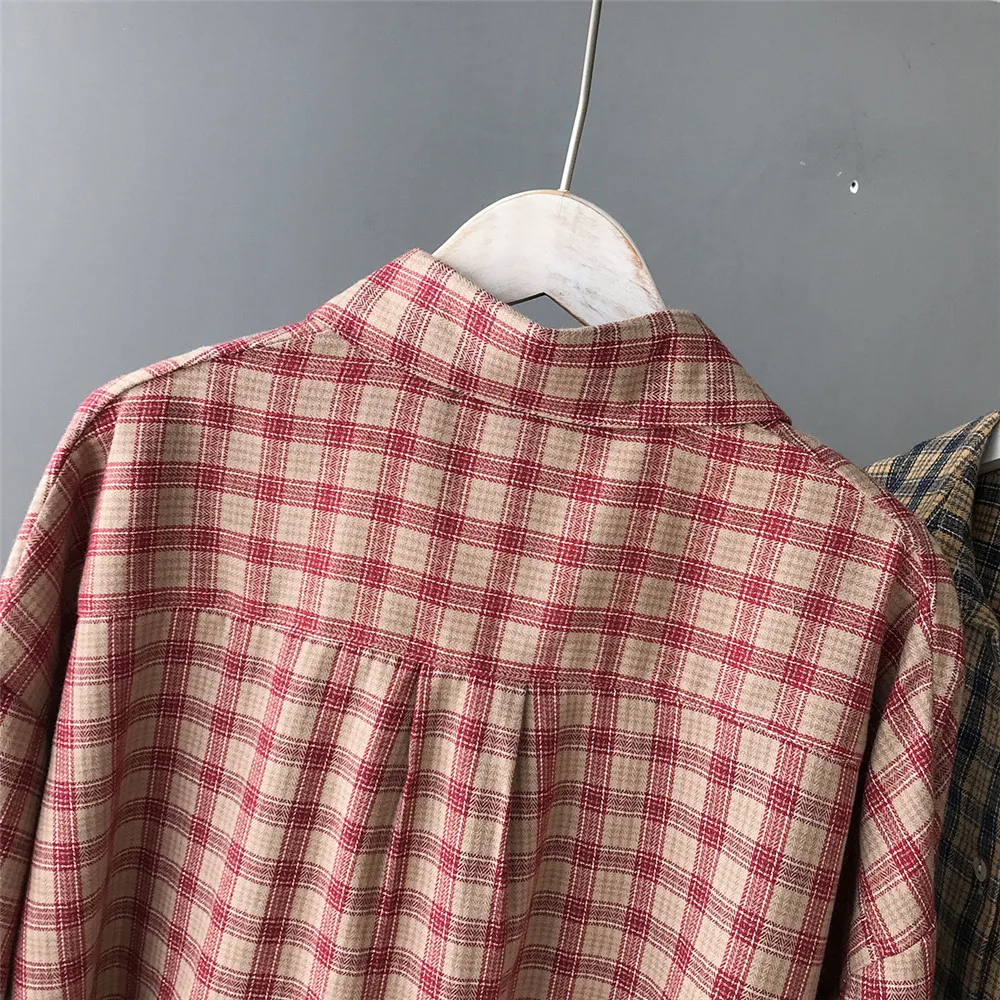 Boyfriend Style Blouses 100% Cotton Loose Women Plaid Shirts 2019 Office Women Blouse Shirt Female Outerwear Casual Pocket Shirt (9)