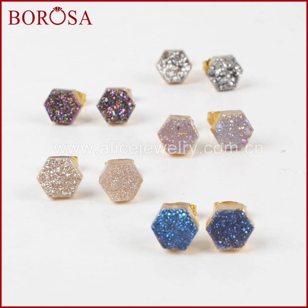 Серьги-гвоздики женские BOROSA с натуральными кристаллами G1275 титан Радужная Друза |