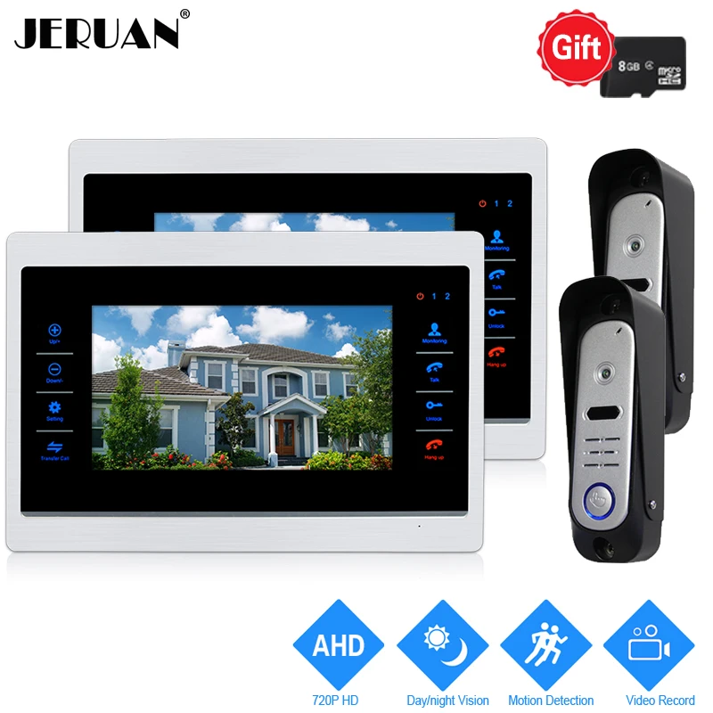 

JERUAN 10`` 720P AHD Video DoorPhone Doorbell Intercom System 2 Record Monitor +2 HD 1.0MP COMS Camera With Motion Detection 2V2