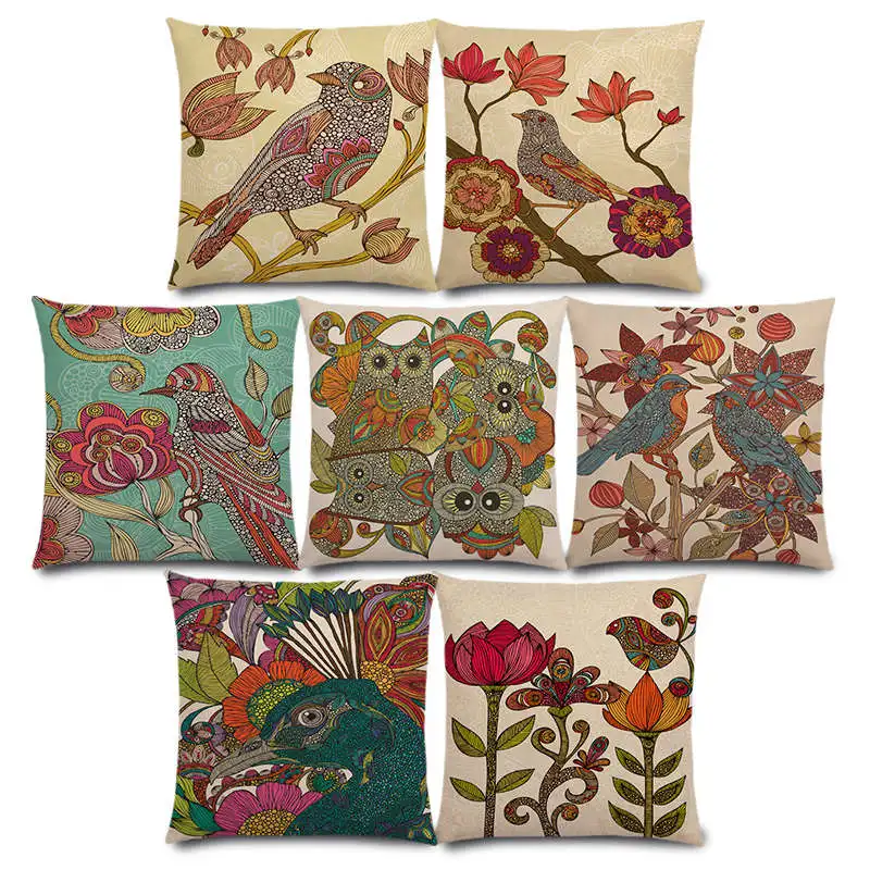 

New India Style Mandala Floral Pattern Feather Frisky Birds Flowers Hummingbird Peacock Parrot Cushion Cover Pillow Case