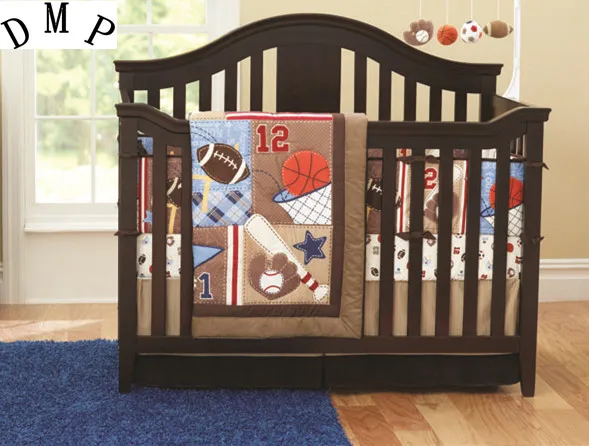 Image Promotion! 7pcs Embroidery Nursery Bedding Sports Crib Bedding Boy Crib 100% Cotton,include (bumpers+duvet+bed cover+bed skirt)