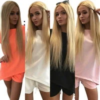 Women Summer Pure Color Casual Back V Neck T-Shirts Short Pants Two Piece Suit image