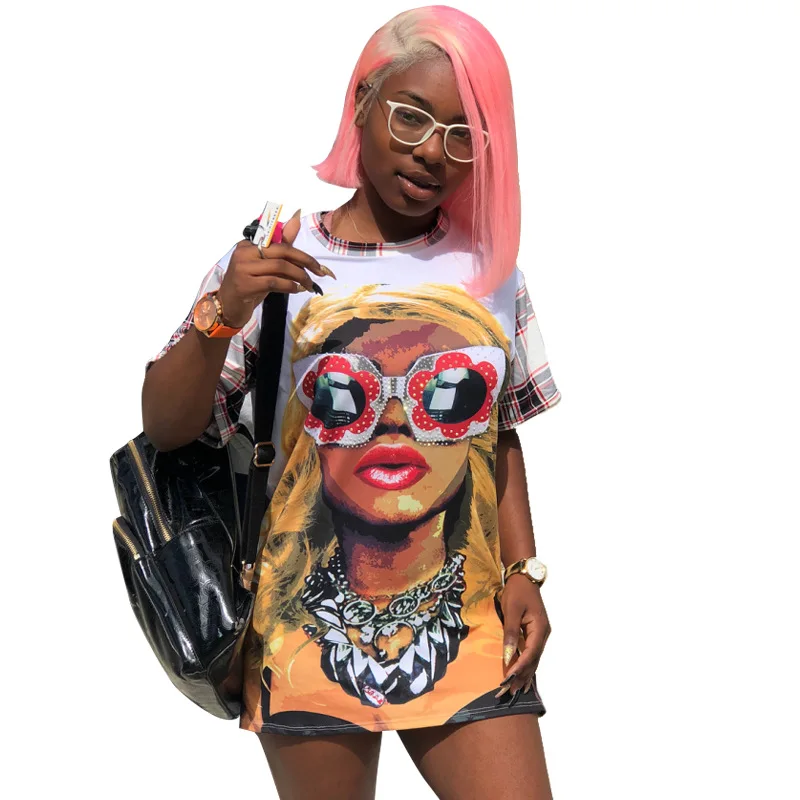 2019 New women summer beading character print plaid short sleeve splicing t-shirt dress above knee tee dresses vestidos GLHR8033
2019 New women summer beading character print plaid short sleeve splicing t-shirt dress above knee tee dresses vestidos GLHR8033