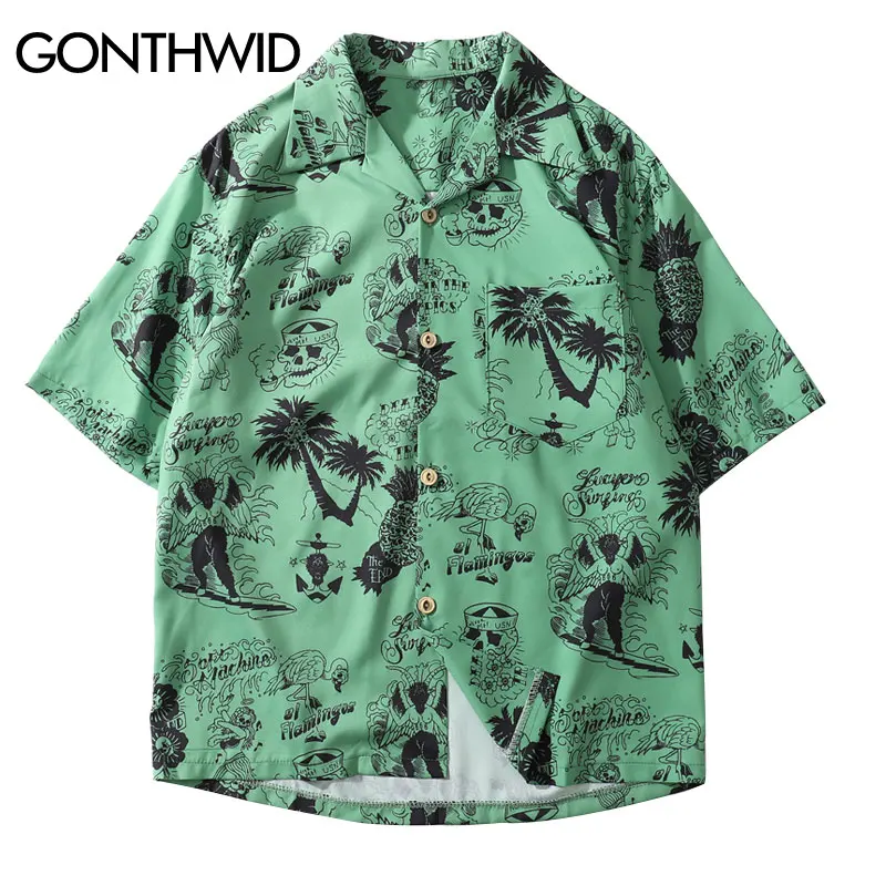 GONTHWID Graffiti Flamingo Palm Tree Pineapple Skull Print Hawaiian Beach Shirts Summer Men Casual Short Sleeve Aloha Shirt Male
GONTHWID Graffiti Flamingo Palm Tree Pineapple Skull Print Hawaiian Beach Shirts Summer Men Casual Short Sleeve Aloha Shirt Male