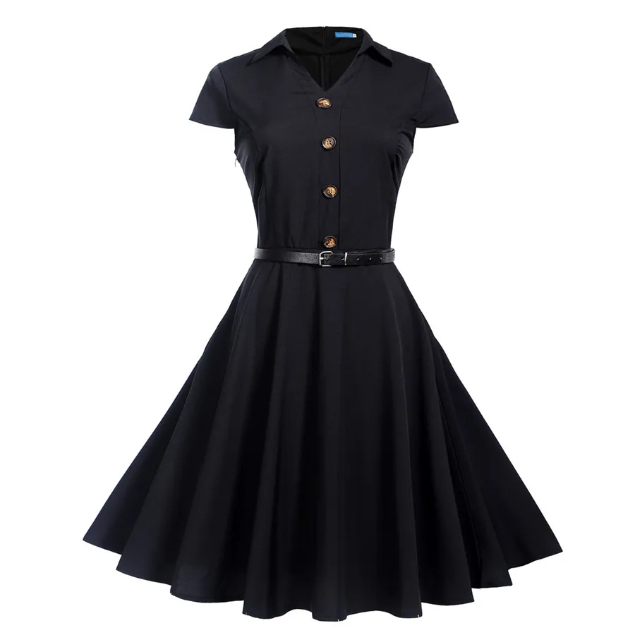 Robe Vintage 50s Rockabilly Dress 2019 Summer Dresses Short Sleeve Turn-down Collar Buttons Big Swing Vestidos Black with Belt
Robe Vintage 50s Rockabilly Dress 2019 Summer Dresses Short Sleeve Turn-down Collar Buttons Big Swing Vestidos Black with Belt
