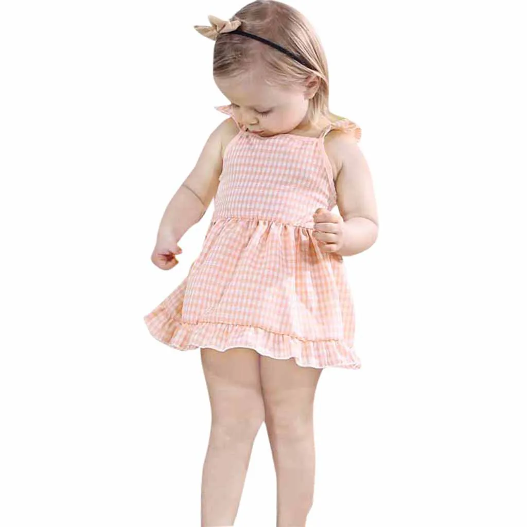 Летнее клетчатое платье без рукавов с цветочным принтом для малышей одежда