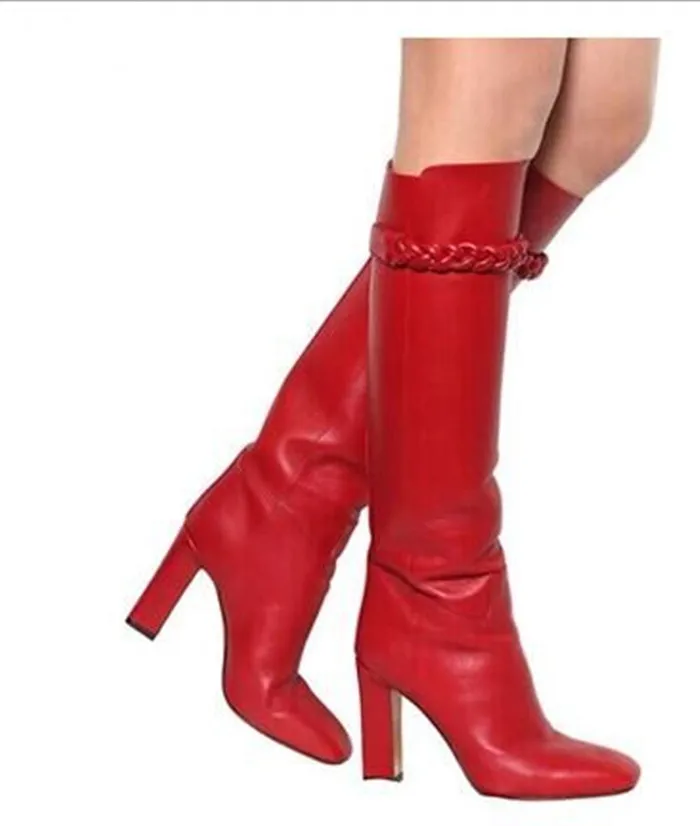 Fashion Top Quality Buckle Strap Slip On High Heel Boots Red Black Leather Knee High Winter Boots Thick High Heels Boots Woman