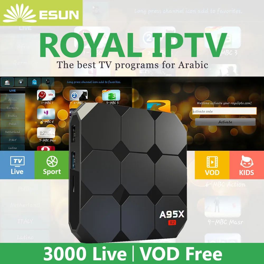 Royal IPTV A95x R2 Android 7.1 IPTV BOX With 1 Year RoyalTV Configured Arabic Europe IPTV amlogic s905w Set Top Box Android
Royal IPTV A95x R2 Android 7.1 IPTV BOX With 1 Year RoyalTV Configured Arabic Europe IPTV amlogic s905w Set Top Box Android
