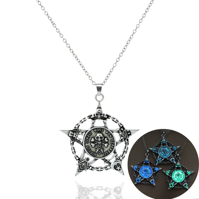New Fashion Punk Pentagram Skull Pendant Necklace Star Luminous Necklace Silver Chain Glowing in Dark Shine Necklace for Men
New Fashion Punk Pentagram Skull Pendant Necklace Star Luminous Necklace Silver Chain Glowing in Dark Shine Necklace for Men