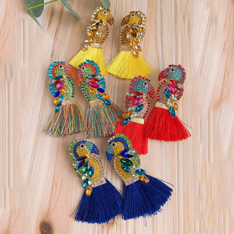 Разноцветные висячие серьги с кристаллами в виде птицы винтажные ручной работы