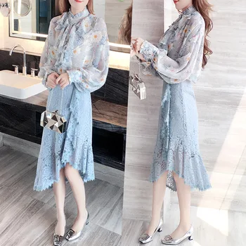 Set Female Summer New Fashion Floral Long-sleeved Chiffon Shirt + Irregular Skirt Temperament Two Sets Of Elegant Casual Set
Set Female Summer New Fashion Floral Long-sleeved Chiffon Shirt + Irregular Skirt Temperament Two Sets Of Elegant Casual Set
