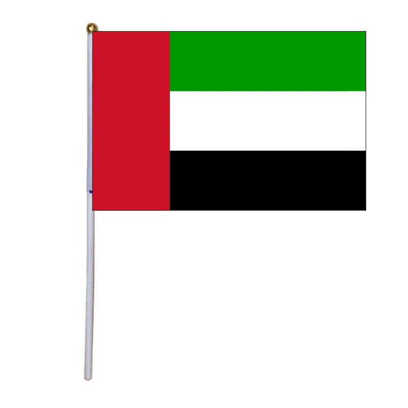 

free shipping xvggdg 100pcs United Arab Emirates Hand Waving Flag 14*21cm Small National Flags with Plastic Flagpoles