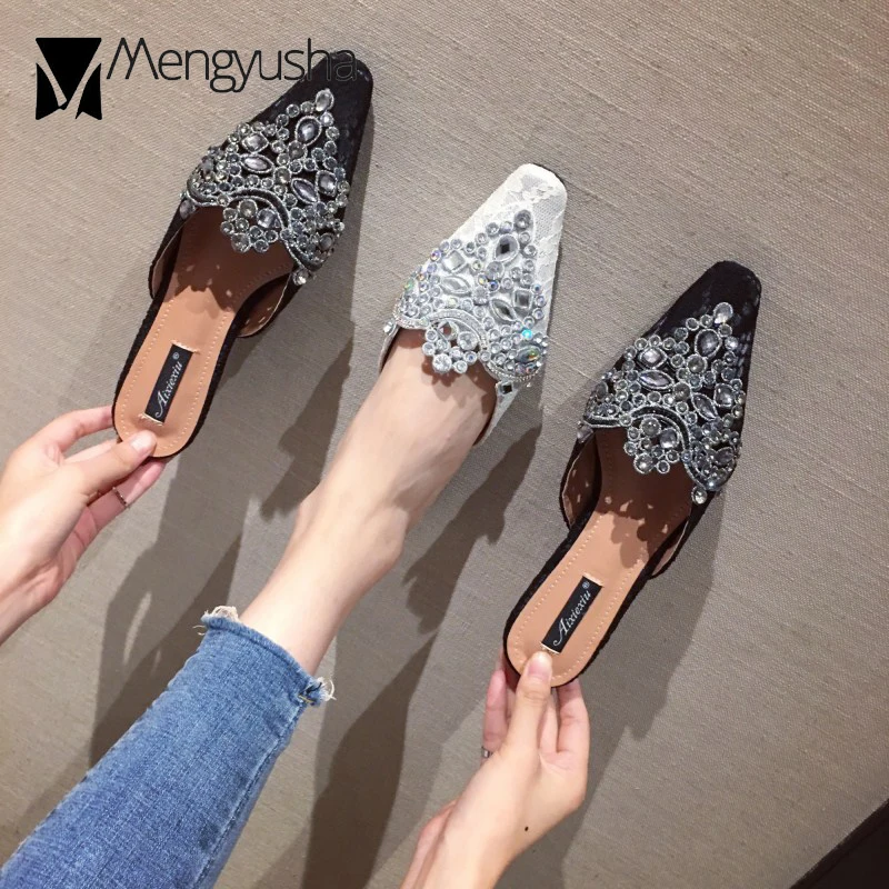 

glitter crystal close toe women slides trendy new flats non-slip mules slippers breathable mesh soft soled slingback women shoes