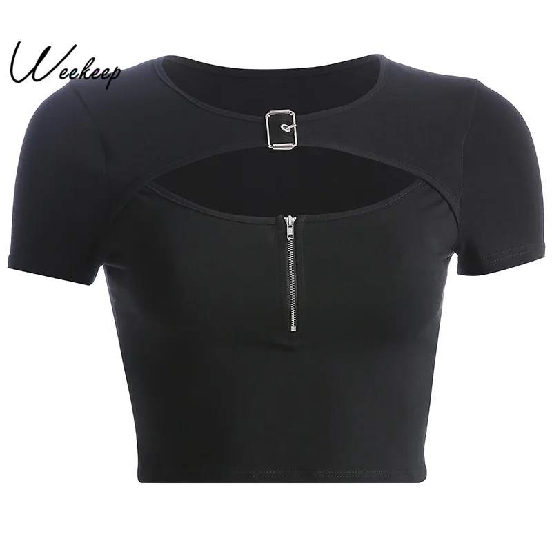 Weekeep Hollow Out Buckle O-neck t shirt Women Black Short Sleeve Zipper Cropped tshirt Summer Streetwear tee shirt femme Tops
Weekeep Hollow Out Buckle O-neck t shirt Women Black Short Sleeve Zipper Cropped tshirt Summer Streetwear tee shirt femme Tops