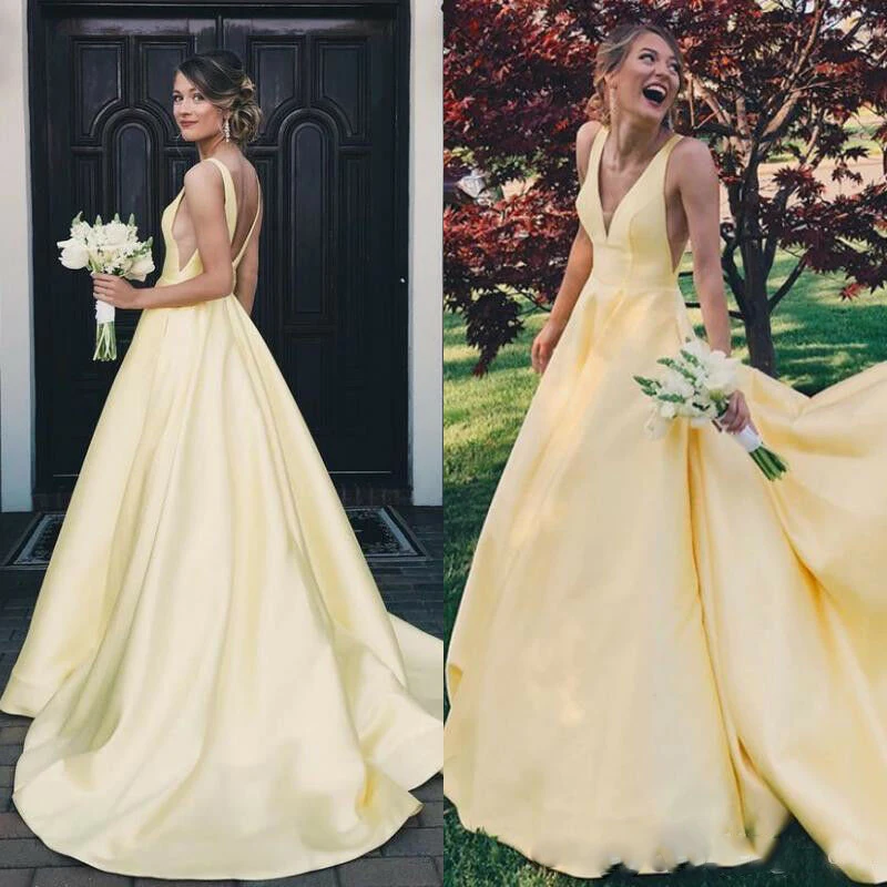 Yellow V Neck Prom Evening Dresses Long Satin Formal Backless Party Pageant Gown
Yellow V Neck Prom Evening Dresses Long Satin Formal Backless Party Pageant Gown