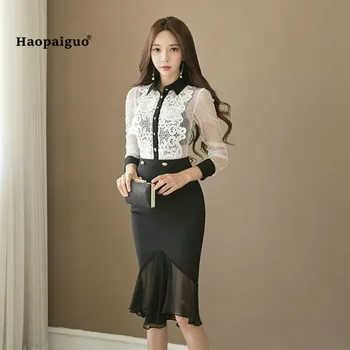 2 Piece Set Women Autumn 2018 White Long Sleeve Turn-down Collar Lace Elegant Party Top and Black Knee-length Modis Wrap Skirt
2 Piece Set Women Autumn 2018 White Long Sleeve Turn-down Collar Lace Elegant Party Top and Black Knee-length Modis Wrap Skirt
